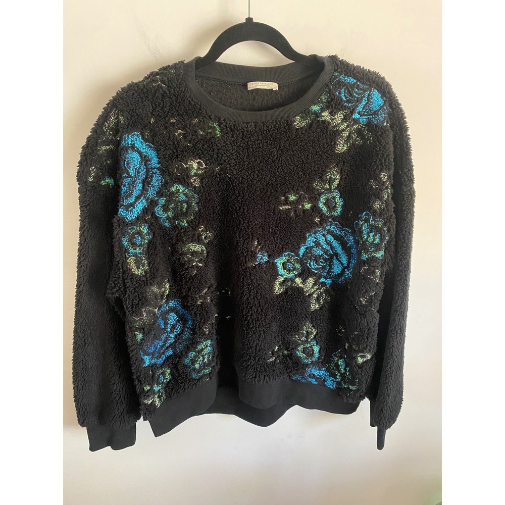 Zara Trafaluc Black Borg Fleece Floral Embroidered Sweatshirt S Autumn Winter 17